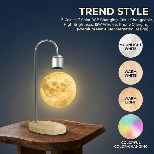 Maglev Floating Moon Lamp with 15W Wireless Charger, 3D Printed Sphere, 3 Color Temperatures & 7-Color RGB Gradient, Metal Stand, Ideal Bedside Decor, Desk Light, and Gift Choice (Silver, Trend Style,3‑Color + 7‑Color RGB Changing,Color‑Changeable,Hi
