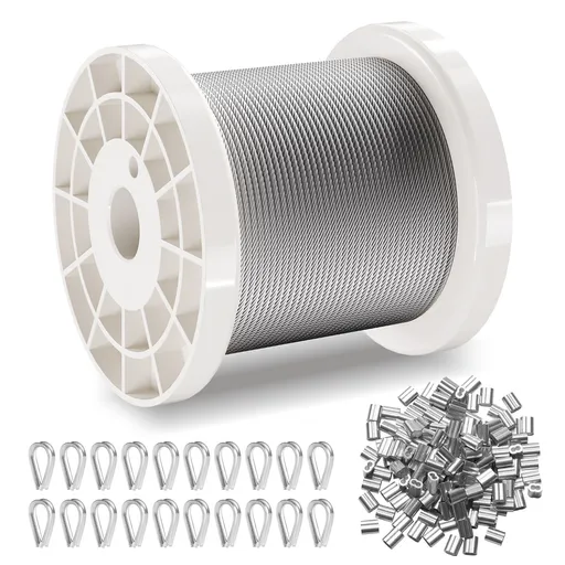 Wire Rope Kit, 1.59 mm 100.6 m 304 Stainless Steel Cable with 80 Sleeves and 20 Thimbles, 2KN Breaking Strength, 7 x 7 Strands Marine Aircraft Grade for Handrail Stair Decking Fence Outdoors
