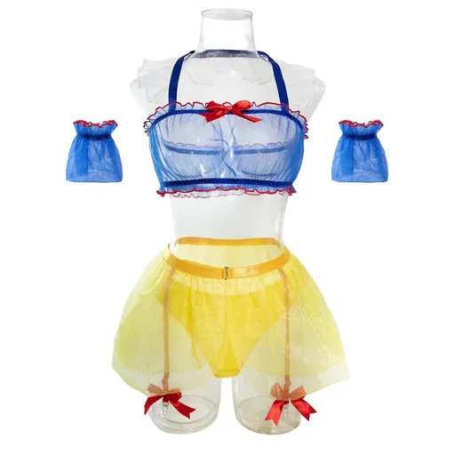 House Of Dasein Sexy Lingerie Sheer Mesh Temptation Maid Costume Five Piece Set With Stockings - Blue + Stockings - Xl
