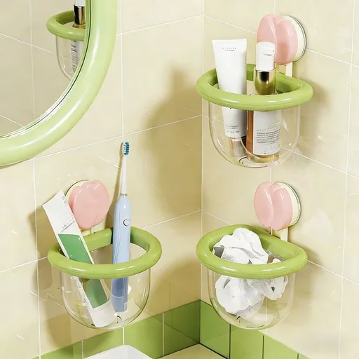 No-Drill Wall Mount Bathroom Suction Cup Organizer with Drainage Holes, Shower Kitchen Tile Storage Box for Cosmetics Toiletries, 19.8x14x11.5cm