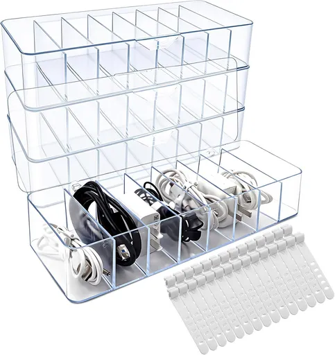 4 Pack Cable Storage Organizer, 10 In Plastic Cord Storage Box with 30 Wire Ties, Clear Charger Organizer with Lid for Office Home Desk Accessories