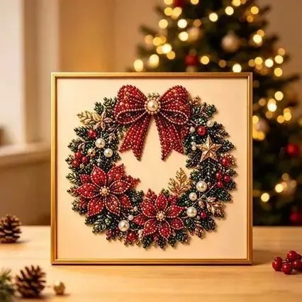 Gold Rim Print Acrylic Pearl Painting Kit 20x20cm Stretched Frame Pearl Tools Christmas Wreath Non-Wood Frame Perfect Christmas Gift