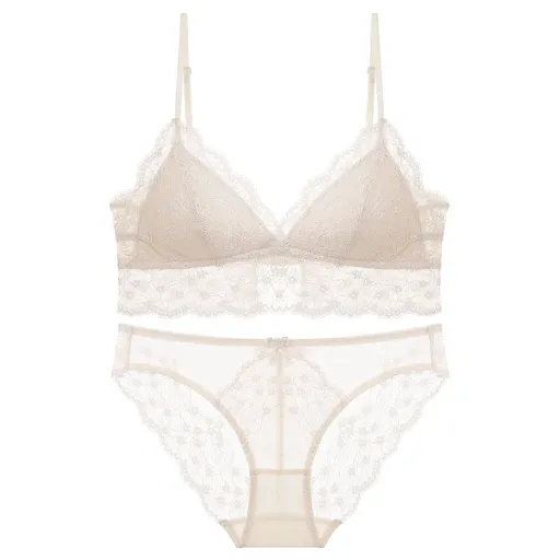 Sexy Lace Bra Set For Women French Style Thin Strap Backless Triangle Cup Wireless - Apricot Suit - Xl