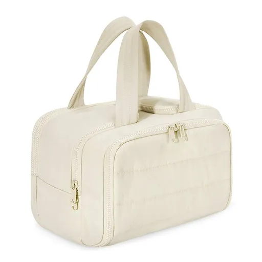 Beige Large Makeup Bag - 30 x 14 x 21 cm Polyester Wide Opening Travel Toiletry Organiser, Lightweight Portable Cosmetic Bag with Handles and Multiple Compartments