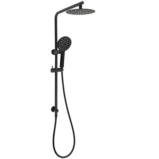 WELS Matt Black Round 2in1 8" Shower Head Sliding Rail Arm 3 Modes Handheld Set