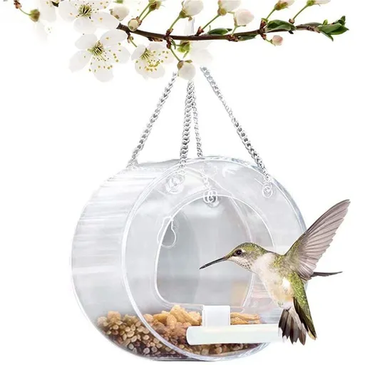Round Acrylic Hanging Bird Feeder Bowl Transparent Food Cage for Small Birds Indoor Outdoor Feeding Rack for Canaries Parrots Finches