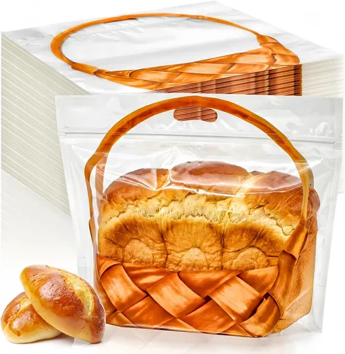 100 Pack Clear Plastic Bread Bags with Handle, 12.5 x 10.4 Inch Large Zipper Toast Bag, Portable Loaf Sealing Basket Pattern, Sourdough Packaging Organizer for Cookie Bakery