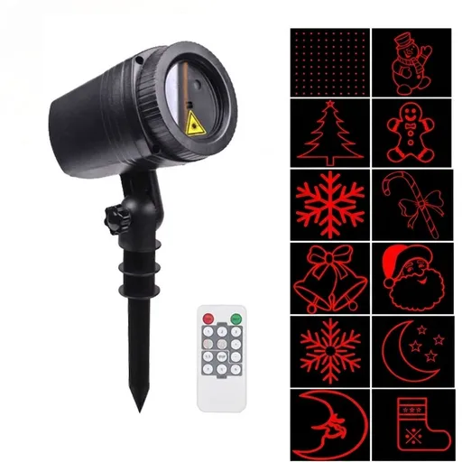 Christmas Laser Projector Light with 12 Dynamic Red & Green Patterns, IP44 Waterproof for Outdoor Garden Lawn Decoration, 50ft RF Remote Control and 8-Hour Timer for Holiday Ambiance (MultiColor)