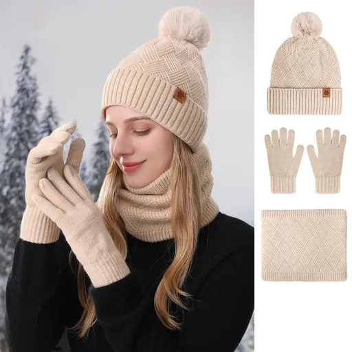 Women's Fashionable Winter 3-Piece Set: Knit Hat, Scarf, and Gloves. A must-have for outdoor skiing and cycling—Beige