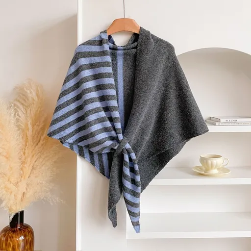 Blue and Grey Color blocking Striped Women's Triangle Shawl Cape - Soft Knit Faux Cashmere Poncho Wrap, Lightweight Warm Pullover for Office Travel & Daily Wear