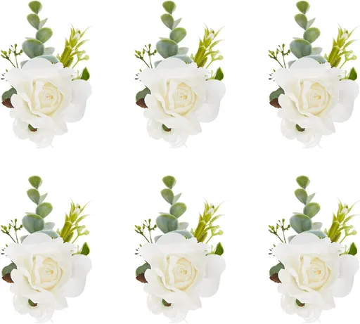 White Ivory Rose Wrist Corsage, Set of 6, Wedding Bridal Flower Corsage Hand Decor for Prom Party Homecoming, Wristband Flowers Bride, Bridesmaid, Girl
