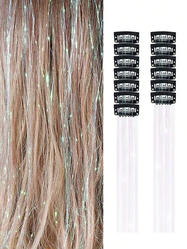12Pcs Hair Tinsel Clip In 20Inch Fashion Glitter Tinsel Synthetic Straight Hair Extensions Clip In Hair Tinsel Kit Heat Resistant Shiny Sparkle Fairy Hair Accessories For Women White