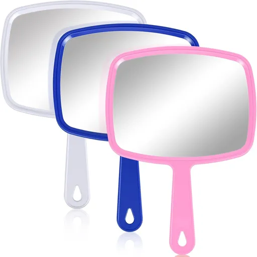 3 Pcs Hand Handheld Mirrors with Handle Bulk, Small Portable Salon Barber Hairdressing Vanity Cosmetic Mirror or Travel, Home, Square(9.17 x 6.53 Inch,Blue, White, Pink)