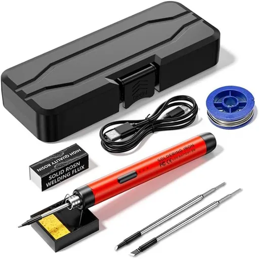 Red Portable Cordless Soldering Iron Kit with 3 Soldering Tips 5V 8W - 3 Temperature Settings, Fast Heating Mini Tool for Circuit Board Repair, Electronics Soldering, Wiring and DIY Use