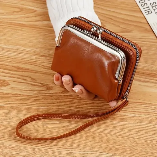 Vintage Leather Mini Bag, classic kiss-lock closure, multi-layer compartment storage, lightweight and portable, perfect for commuting and going out, an exquisite and elegant choice.(light brown)