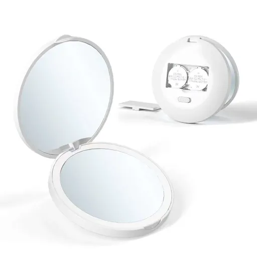 Compact Mirror, Travel Makeup Mirror with Lights, 1X/2x Magnification LED Compact Mirror with BIattery, Folding White