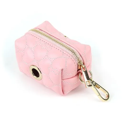 Luxury Dog Walking Organizer Pouch with Heart Quilting, PU Leather Poop Bag Dispenser and Key Holder, Compact Cube Design with Premium Gold Hardware for Everyday Pet Outings (Lovely Pink)