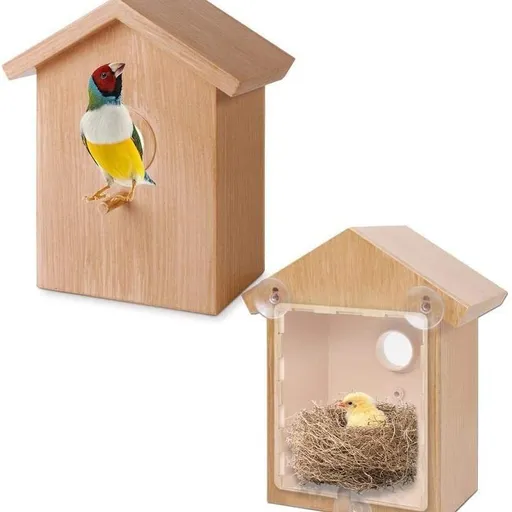 Bird House with Strong Suction Cup Wooden Birdhouse Clear Window Bird Feeder Outdoor Birds Nest Cage