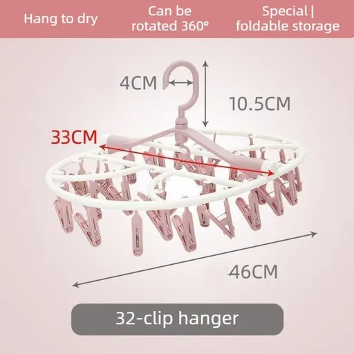 Folding Clothes Hanger with 32 Clips, Foldable Multi-clip Hanger, Underwear and Socks Drying Rack—Pink