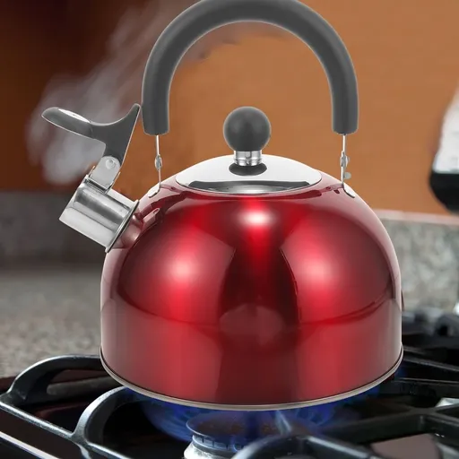 Red Stainless Steel Whistling Tea Kettle with Handle, Water Boiling Pot for Kitchen and Daily Use