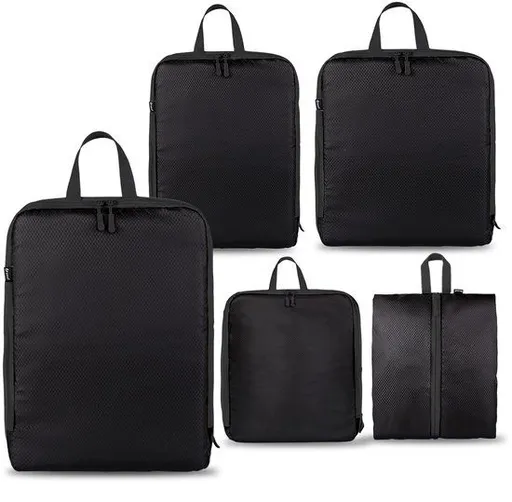 5-Piece Compression Packing Cube Set Black Water-Resistant Travel Organizers