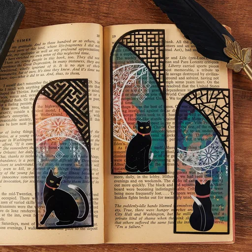 Cat Bookmarks - 6 Pieces Black Cat Book Markers for Book Lovers, Women, Men, Unique Book Mark for Boys (Cat and Moon)