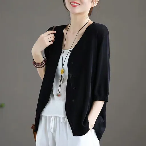 Ice Silk Women Cardigan Loose V Neck Half Sleeve Black XXL Size: XXL; Height (cm): 175-180; Weight (kg): 65-70; Bust (cm): 98-102; Waist (cm): 82-86; Shoulder width (cm): 41; Length (cm): 66