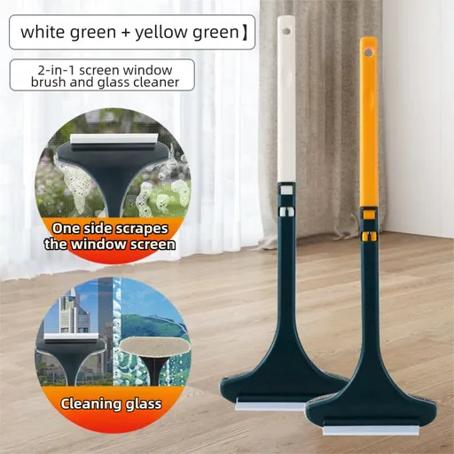 2-Pack 2-in-1 Professional Window Screen Brush & Glass Cleaner - Detachable Long-Handle Squeegee & Scrubber (White Green & Yellow Green)