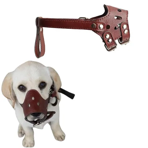 Adjustable PU Leather Dog Muzzle Pet Breathable Anti Bite Bark Chew Muzzles Brown - S