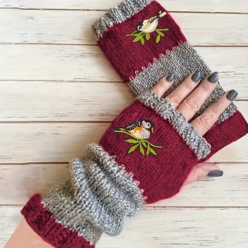 Color-Block Bird Embroidered Fingerless Knit Gloves – Warm, Flexible, Perfect for Daily Autumn/Winter Use, 8.5×22cm Stylish Practical Commute Hand-Warming Essential(dark red)
