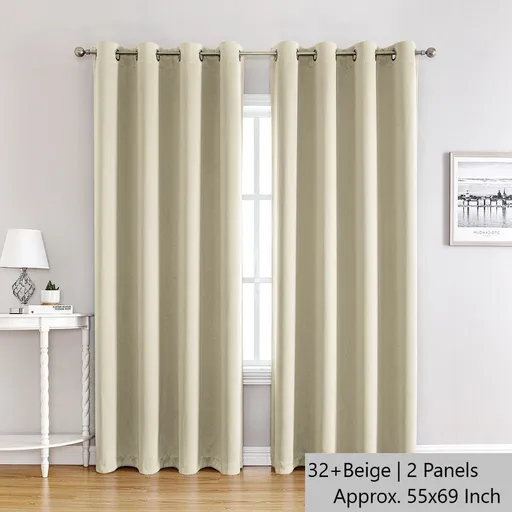 32+ Beige | Approx. 55x69 Inch Single Panel | 670g Per Panel | 210GSM Glare-Free Blackout Curtains, Grommet Top 2 Panels, Eye-Caring Drapes for Home Study & Reading Nook, for Christmas Gifting