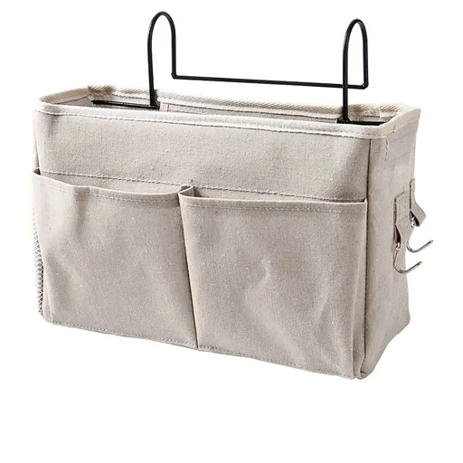 Nightstand Hanging Bag Cotton Linen Bedside Storage Pocket Organizer Basket for Bunk Bed Dorm Rooms White