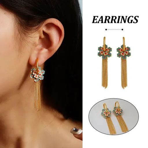 New Chinese Tassel Heart Flower Earrings Women Elegant Dangle Drop Fashion