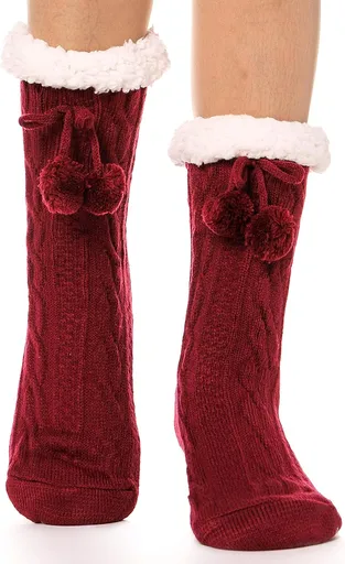 Slipper Fuzzy Socks for Women Fluffy Cozy Cabin Winter Warm Soft Fleece Comfy Thick Christmas Stocking Stuffer with Grips(Red)