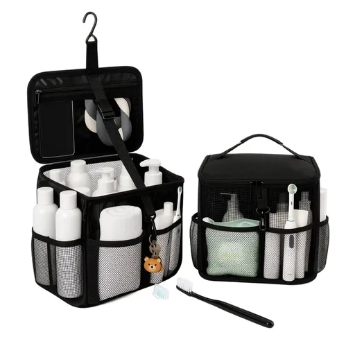 Portable Shower Storage Bag with Fixed Strap and Water Resistant Smartphone Pocket Oxford Cloth Quick Dry Mesh Hanging Toiletry Bag for Gym Camping and Dorm Use