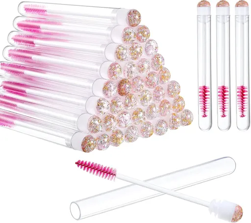 80 Pieces Disposable Mascara Brushes Tubes Set, 40 Pieces Empty Mascara Wand Tube with 40 Pieces Eyelash Brush Makeup Tool for Eyelash Extension(Pink Gold Sequins Style)