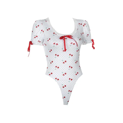 House Of Dasein Sweet Cherry High Waist Ruffles One Piece Bodysuit - Red - L