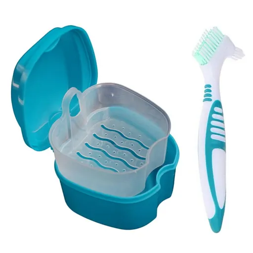 Denture Bath Case Cup Box Holder Storage Container with Denture Cleaner Brush Strainer Basket for Travel Cleaning Green