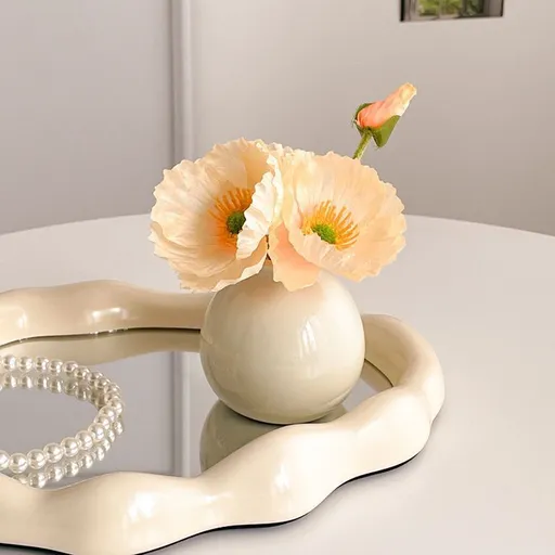 Ceramic Vase with Poppy Artificial Flowers Set – Mini Decorative Pot for Home Living Room or Desk Display
