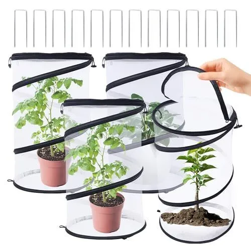 4Pack Pop Up Insect Barrier Plant Cover Net, 19.6" x 11.8" Round Foldable Plant Protectors Mesh Plant Enclosure, Garden Net Cage Guard Cover with Stakes & Carry Bag for Protect Plants from Bird Insect - White