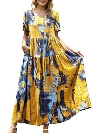 Women Floral Long Dress Short Sleeve Polyester Picture Color 11 Size: S; Height (cm): 155-160; Weight (kg): 45-50; Bust (cm): 82-86; Waist (cm): 66-70; Shoulder width (cm): 37; Length (cm): 58