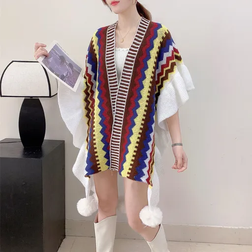 Brown Women's printed knitted cardigan cape with ruffled sleeves (Style 4)