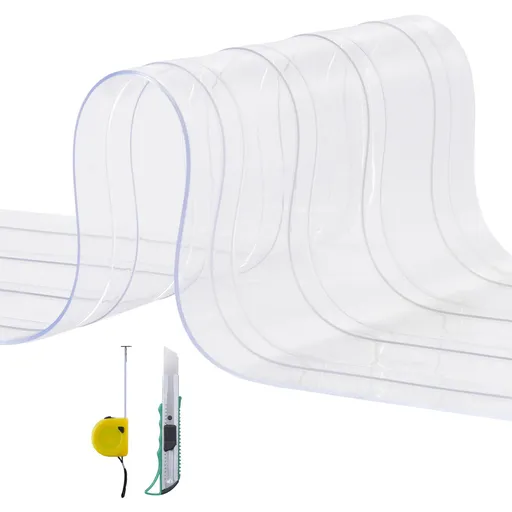 Strip Curtain, 2286 cm L x 20 cm W x 2 mm Thickness, Clear Ribbed PVC Curtain Strip Door Bulk Roll, Plastic Door Strips for Doorways of Supermarket, Garage, Warehouse, Barn, Pet Animal House