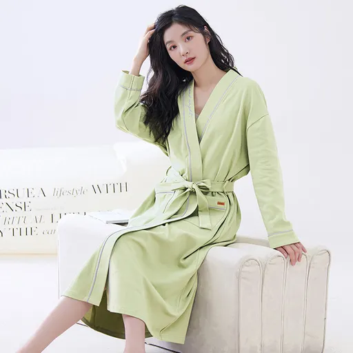 Green XL size Women's Cotton Robe — Autumn/Winter Bathrobe & Morning Gown | Long Sleeve, Mid-Length, Plus Size | Loose, Comfortable, and Machine Washable | Suitable for All Seasons