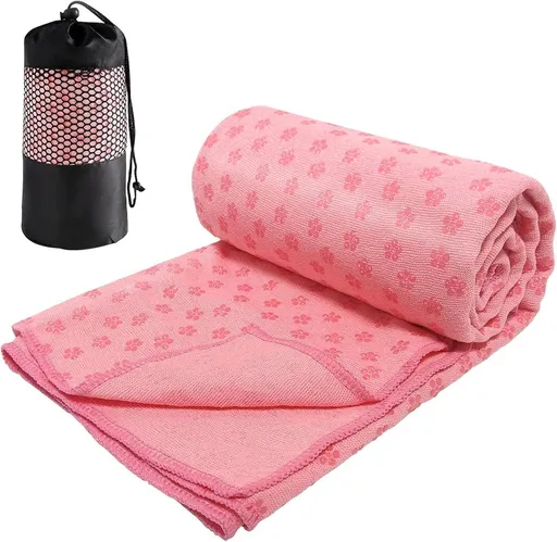 Non Slip Microfiber Yoga Mat Towel With Mesh Carry Bag Quick Dry Sweat Absorbent For Hot Yoga Pilates Gym Pink, 183 x 63 cm