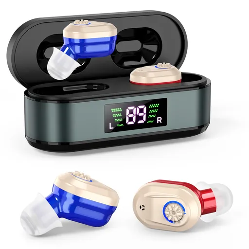 Rechargeable In-the-Ear Hearing Aids with Charging Case and LCD Display – Ultra-Compact Sound Amplifier for Seniors (Black & Green Case, Red & Blue Device)