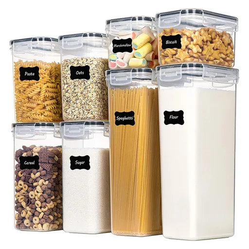 Airtight Food Storage Containers with Lids, 8 PCS Kitchen and Pantry Organization Canisters, BPA-Free, PVC-Free, Food-grade Plastic Leak-proof Jars for Cereal, Flour, Sugar, Extra 8 Labels & Marker