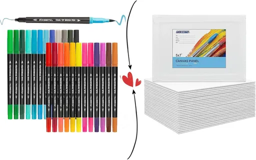 Dual Brush Marker Pens - 24 Colored Art Markers & Painting Canvas Panel Boards - 5x7 Inch Art Canvas,24 Pack Mini Canvases,Primed Canvas Panels,100% Cotton,Acid Free,Professional Quality Arti