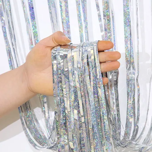 5-piece Silvery Laser Tinsel Foil Fringe Curtain - 1*1m Metallic Party Streamer Backdrop for Birthday, Wedding, Christmas, New Year & Event Decoration - Shimmering Photo Booth & Doorway Prop