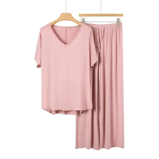 Pink Women's Modal Lounge Set Pink V Neck Short Sleeve Top and Wide Leg Pants, Lightweight Breathable Summer Sleepwear, Relaxed Homewear for 45-72.5 kg